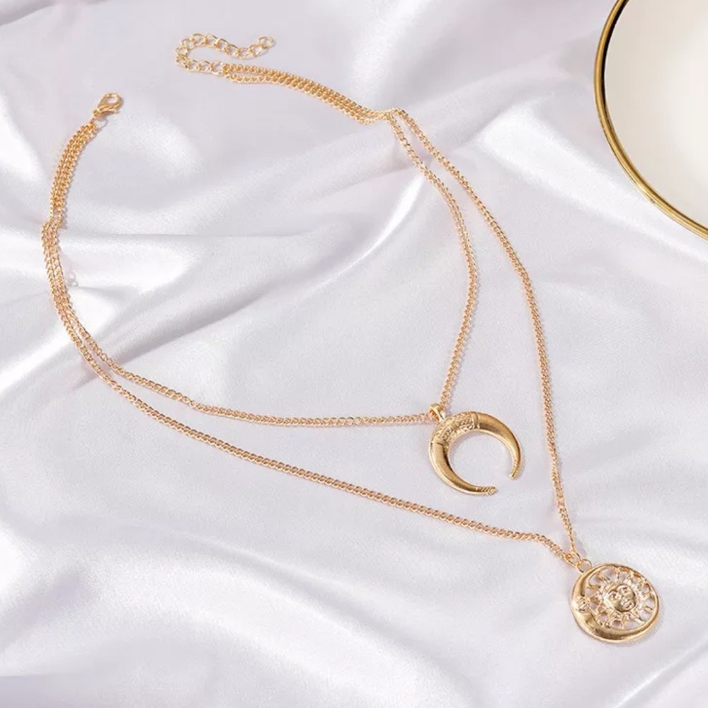 18k Gold Double Layer Sun Moon Pendant Necklace - Picture 4 of 5